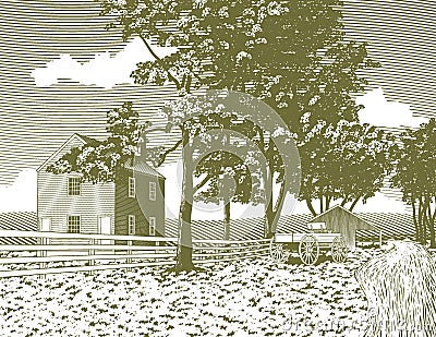 Woodcut Shaker Village Vector Illustration