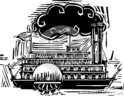 Woodcut Side wheel Steamboat Vector Illustration