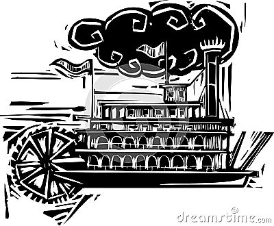 Woodcut Stern wheel Riverboat Vector Illustration