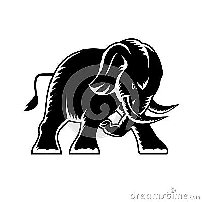 Angry Elephant Charging Attacking Side View Mascot Woodcut Black and White Vector Illustration