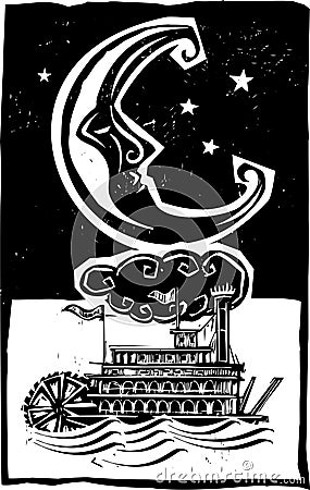 Woodcut style moon and riverboat Vector Illustration