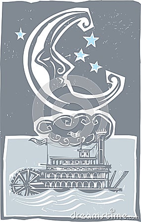 Woodcut style moon and riverboat Vector Illustration