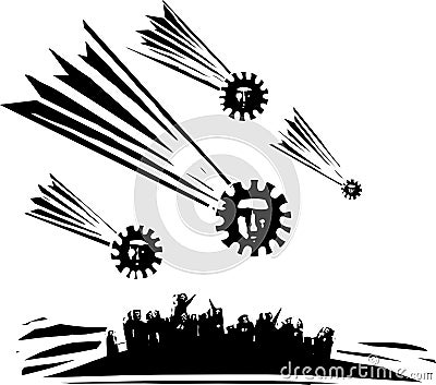 Woodcut style of people watching comets that look like covid pandemic spores Vector Illustration