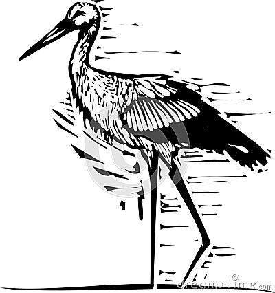 Woodcut wading Stork Vector Illustration