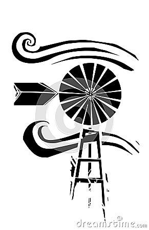 Woodcut Windmill with wind Vector Illustration
