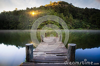 Wooded bridge over the river in Pang ung park Stock Photo
