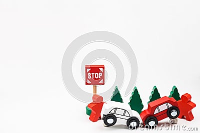 Wooded toy car are crashed. Accident road traffic with wooden to Stock Photo
