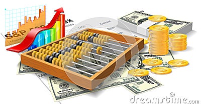 Wooden abacus, bills and coins. Vector Illustration