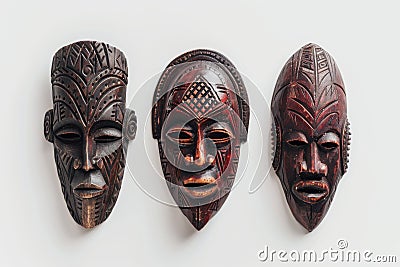 Wooden African Tribal Masks Set Isolated, Traditional Wooden Mask Carving on White Stock Photo