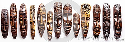 Wooden African Tribal Masks Set Isolated, Traditional Wooden Mask Carving on White Stock Photo