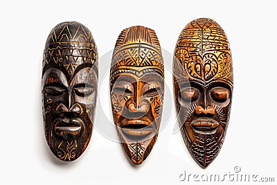 Wooden African Tribal Masks Set Isolated, Traditional Wooden Mask Carving on White Stock Photo