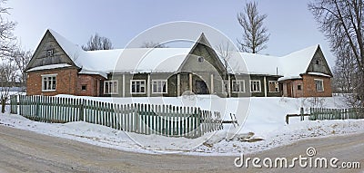 Wooden apartment house built in Stalin time. Iksha town, Moscow region. Stock Photo