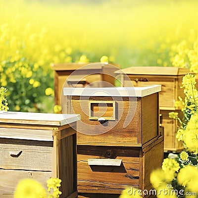 Wooden apiary crates or beehive boxes for beekeeping and honey collecting in blooming canola field Stock Photo