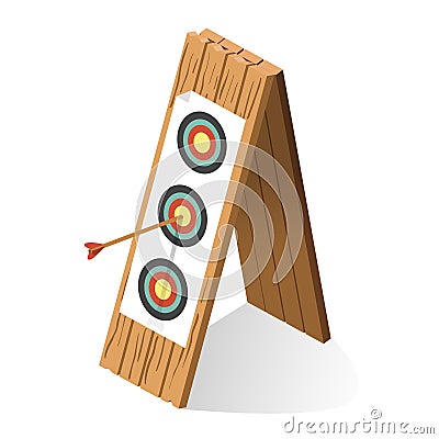Wooden archery target with arrow center goal achievement dart game entertainment competition sport Vector Illustration