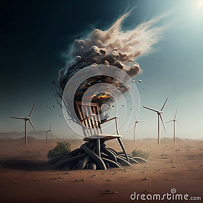 Wooden arm chair in the desert with an explosion in the background. Stock Photo