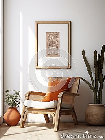 Wooden armchair near white stucco wall with three posters. Boho interior design with home decor Stock Photo