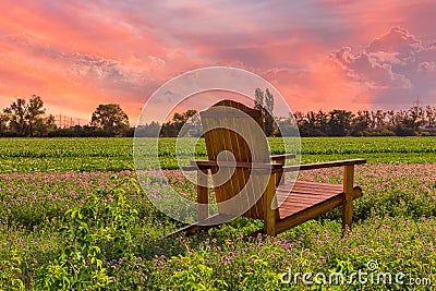 Wooden armchair outdoors in farmland at sunset Stock Photo