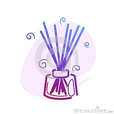 Wooden aroma sticks in glass jar color line icon with flat spot for round highlights stories. Liquid perfume oil Vector Illustration