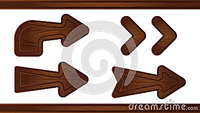 Wooden arrow sign board. Wood road pointer panel cartoon icon set. Empty isolated rustic timber plaque design for Vector Illustration