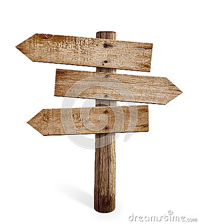 Wooden arrow sign post or road signpost isolated Stock Photo