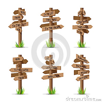 Wooden arrow signboards direction vector set Vector Illustration