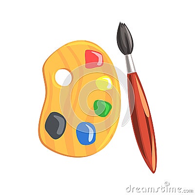 Wooden art palette and paintbrush. Colorful cartoon vector Illustration Vector Illustration