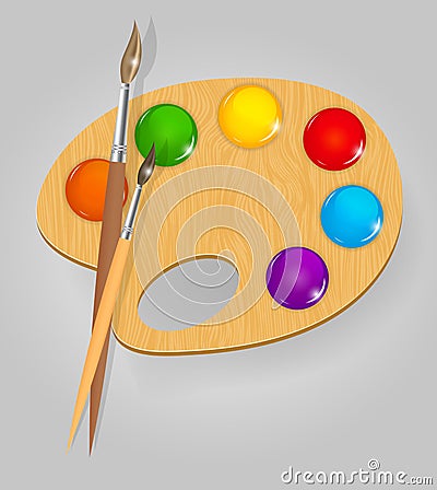 Wooden art palette with paints and brushe Vector Illustration