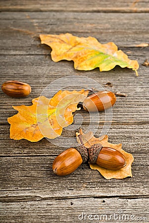 Wooden autumn background with yellow leaves Stock Photo