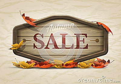 Wooden autumn sale signboard Vector Illustration