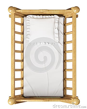 Wooden baby cradle with pillow isolated on white background, top view Stock Photo