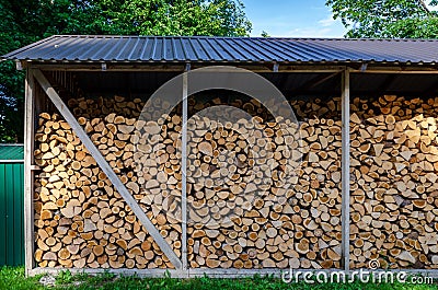 Wooden background. Firewood drying for the winter, stacks of firewood Stock Photo