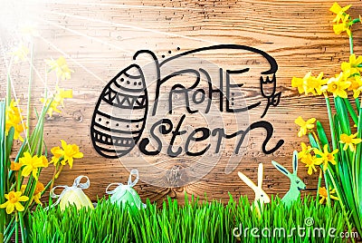 Sunny Easter Decoration, Calligraphy Frohe Ostern Means Happy Easter Stock Photo