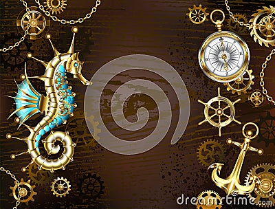 Wooden background with mechanical seahorse Vector Illustration