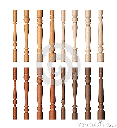 Wooden balustrade pillar set, cartoon brown baluster columns for decor collection Vector Illustration
