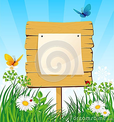 Wooden banner in the grass Vector Illustration