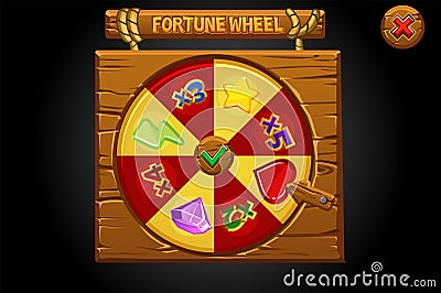 Wooden banner spin the wheel of fortune. Vector Illustration