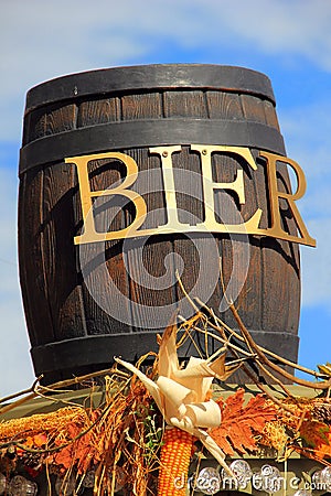 Wooden barrel of beer at Oktoberfest in Germany Stock Photo