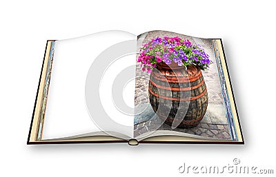 Wooden barrel with flowerpot above - 3D render photo book concept image with space for text Stock Photo