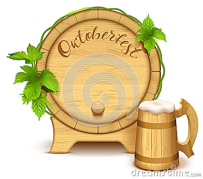 Wooden barrel and full wooden beer mug. Oktoberfest handwritten text Vector Illustration