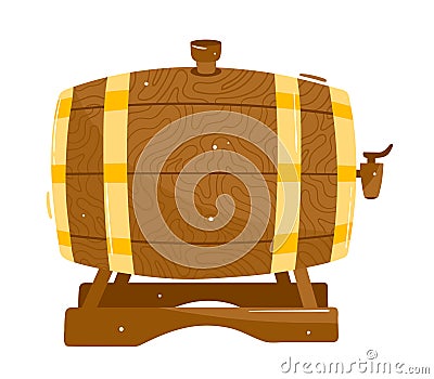 Wooden barrel on stand with spigot. Detailed cartoon oak cask for wine, beer storage. Alcohol brewing and storage vector Vector Illustration