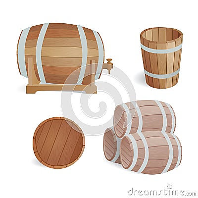 Wooden barrel vintage old style oak storage container and brown isolated retro liquid beverage object fermenting Vector Illustration