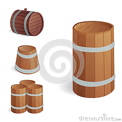 Wooden barrel vintage old style oak storage container and brown isolated retro liquid beverage object fermenting Vector Illustration