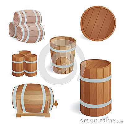 Wooden barrel vintage old style oak storage container and brown isolated retro liquid beverage object fermenting Vector Illustration