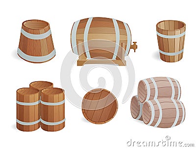 Wooden barrel vintage old style oak storage container and brown retro liquid beverage object fermenting Vector Illustration