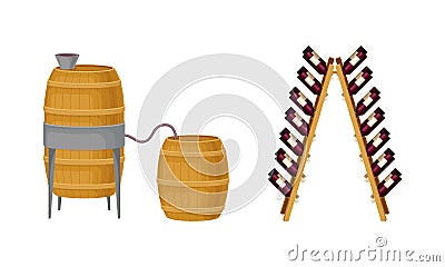 Wooden Barrel with Wine and Glass Bottles in Rack Vector Set Vector Illustration