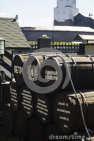 Wooden barrels, decoration of the times of Peter the Great in Vyborg Editorial Stock Photo