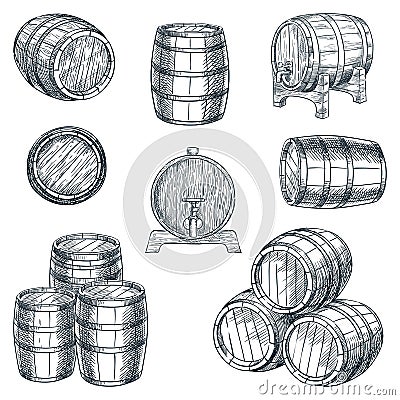 Wooden barrels set. Vector hand drawn sketch illustration. Wine, beer, whiskey storage container on white background Vector Illustration