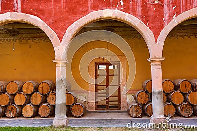 Wooden barrels under the arches Stock Photo