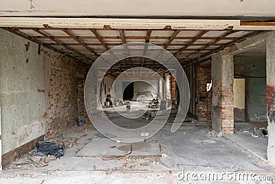 Wooden base for the new ceiling. Repair of the ceiling in an old house. Cellular construction of wooden boards for the Stock Photo