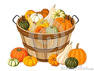 Wooden basket with pumpkins. Vector Illustration